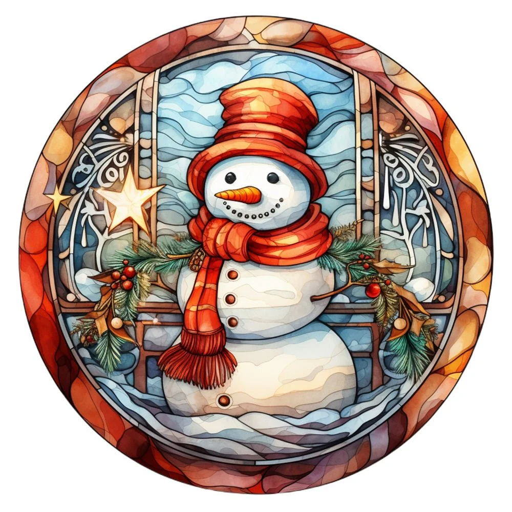 Stained Glass Snowman #4 Fabric Panel