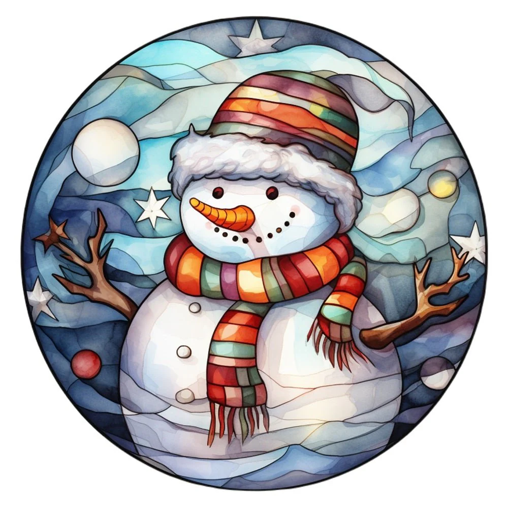 Stained Glass Snowman #5 Fabric Panel