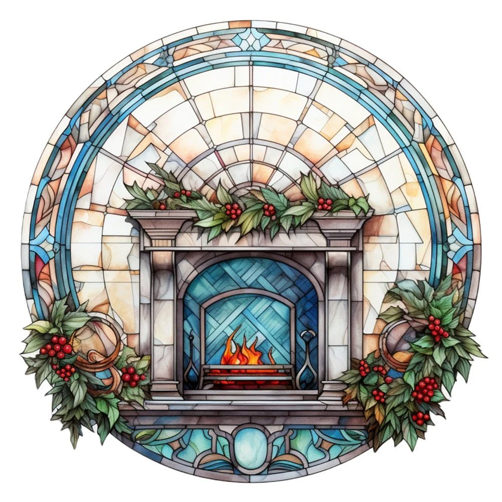 Stained Glass Turquoise Fireplace Fabric Panel
