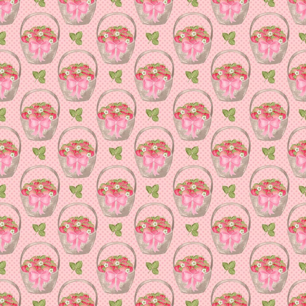 Strawberry Baskets on Dots Fabric - Light Pink