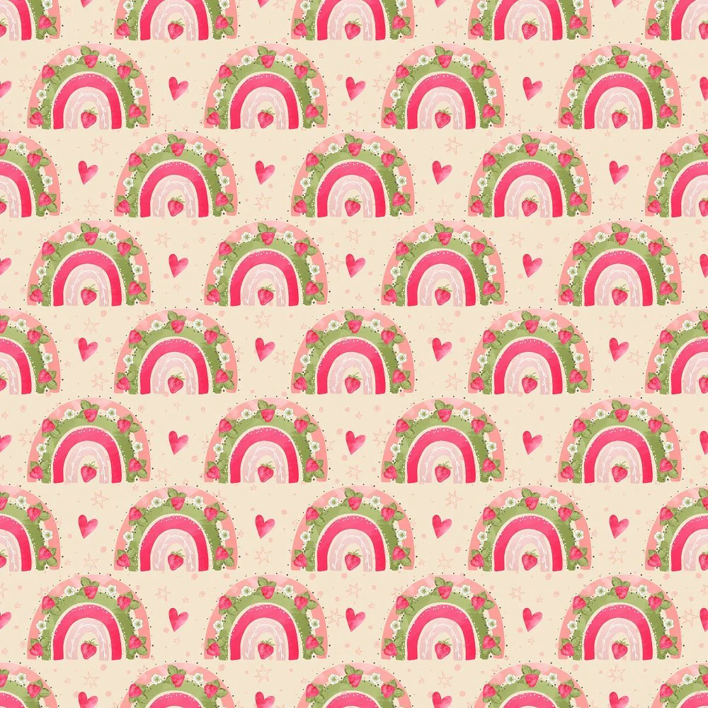 Strawberry Rainbows & Hearts Fabric - Tan