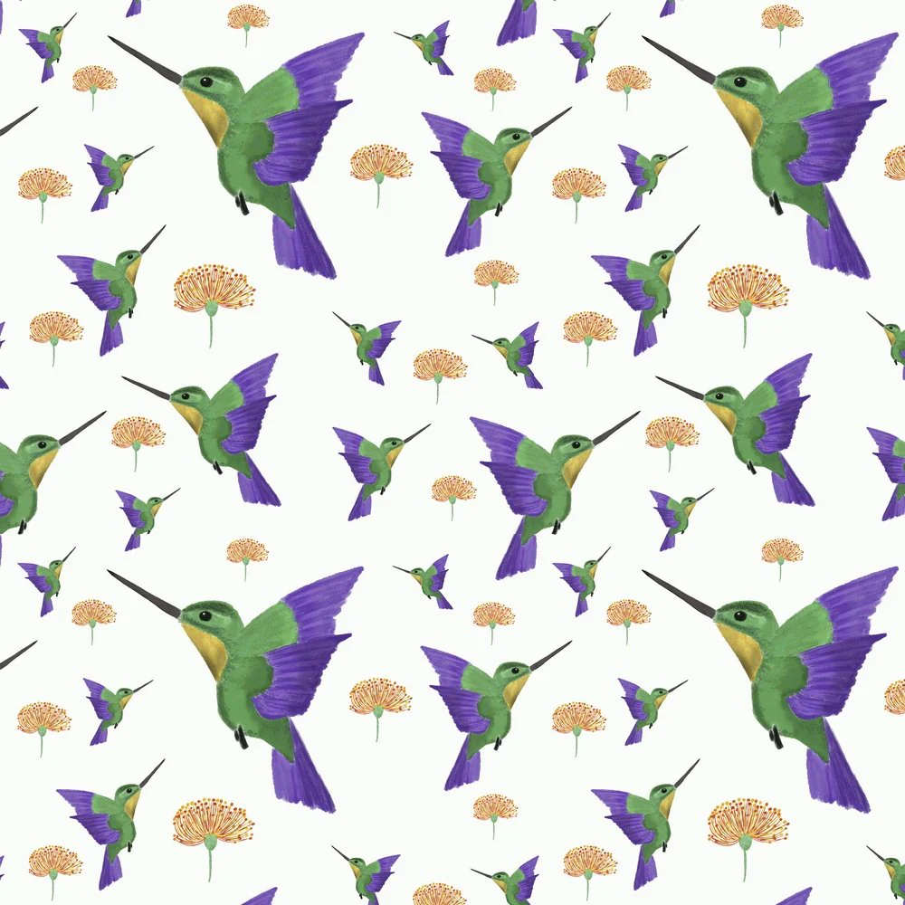 Summer Hummingbird Fabric - White