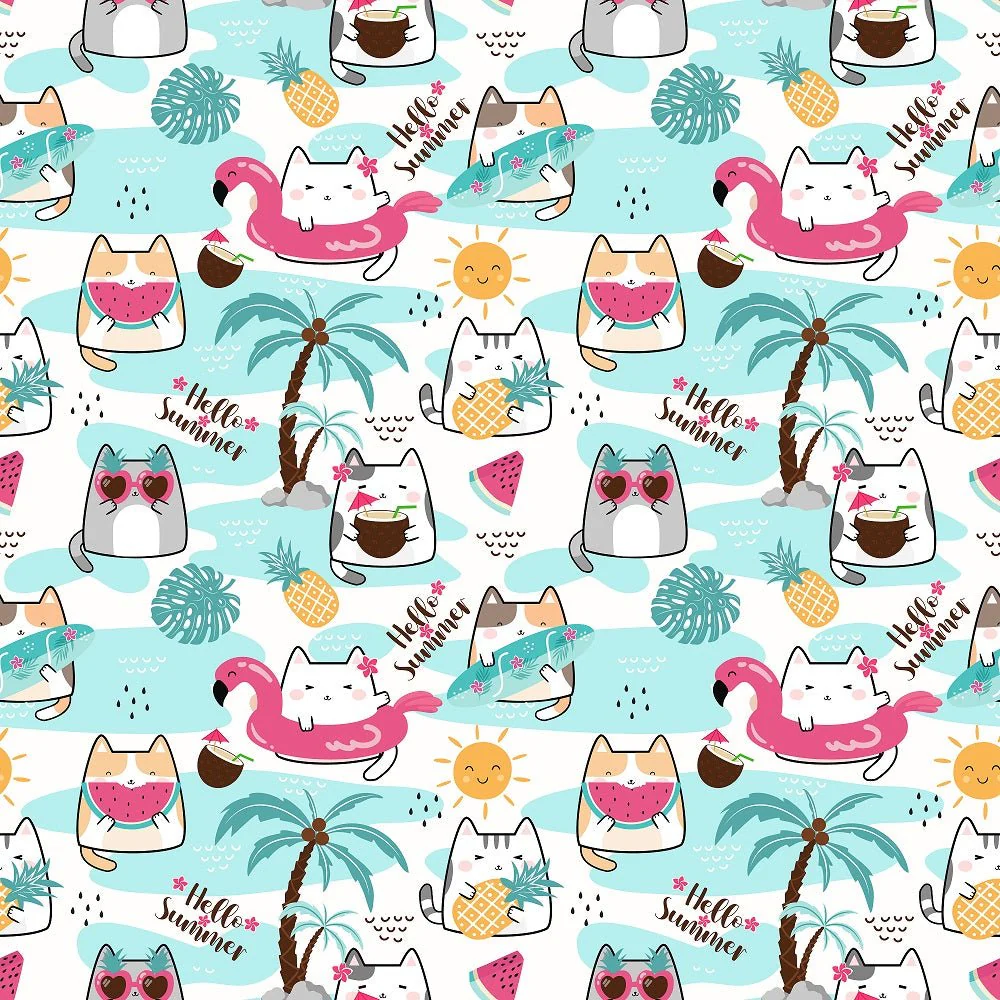 Summertime Cats Hello Summer Fabric - Blue