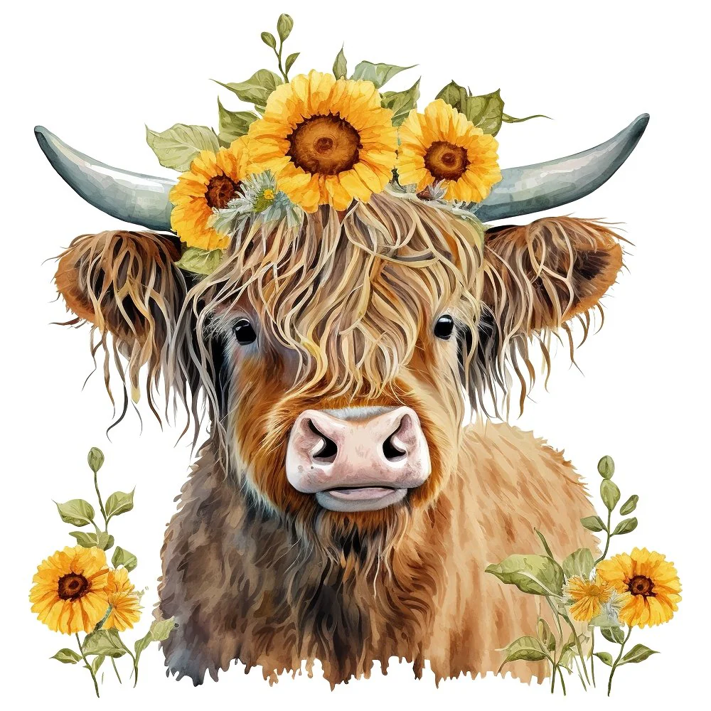 Sunflowers & Highland Cows #4 Fabric Panel