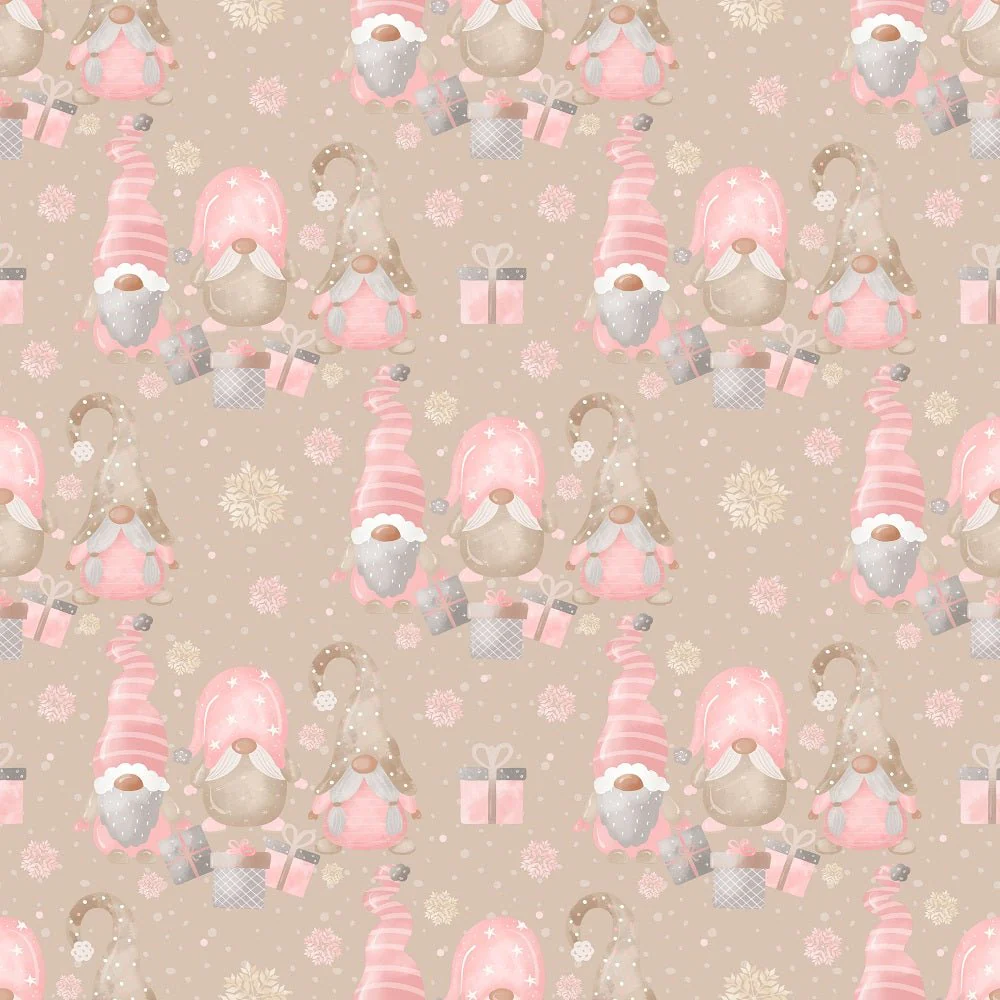 Sweet Christmas Gnomes Scene Fabric - Tan