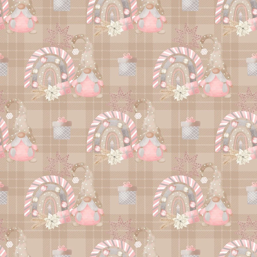 Sweet Christmas Gnomes with Rainbows Fabric - Tan
