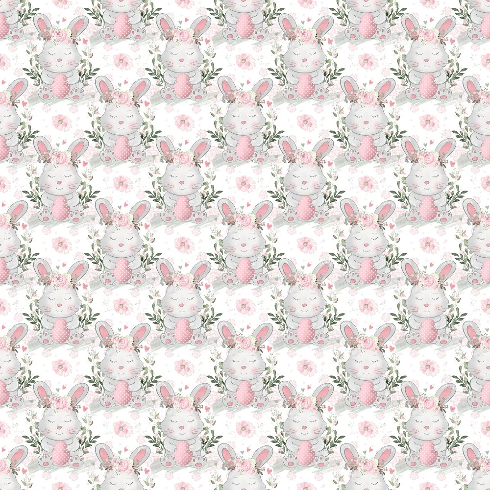 Sweet Easter Bunny on Dainty Floral Fabric - White