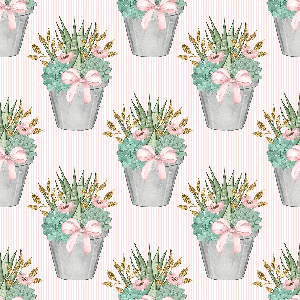 Sweet Succulents on Pink Stripes Fabric