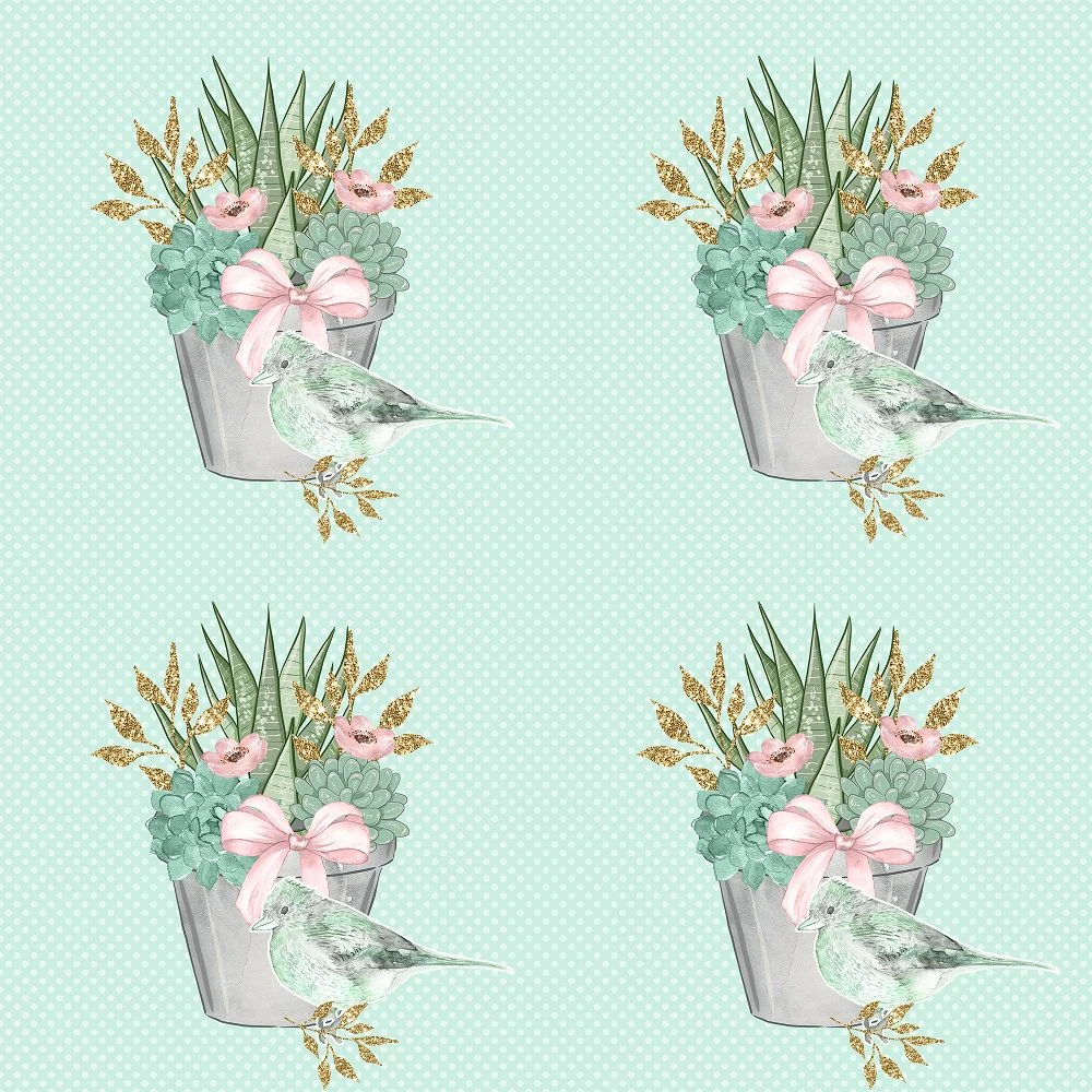 Sweet Succulents with Bird Fabric - Green