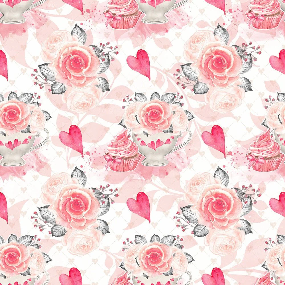 Sweet Valentine Cupcakes on Leaves Fabric - White