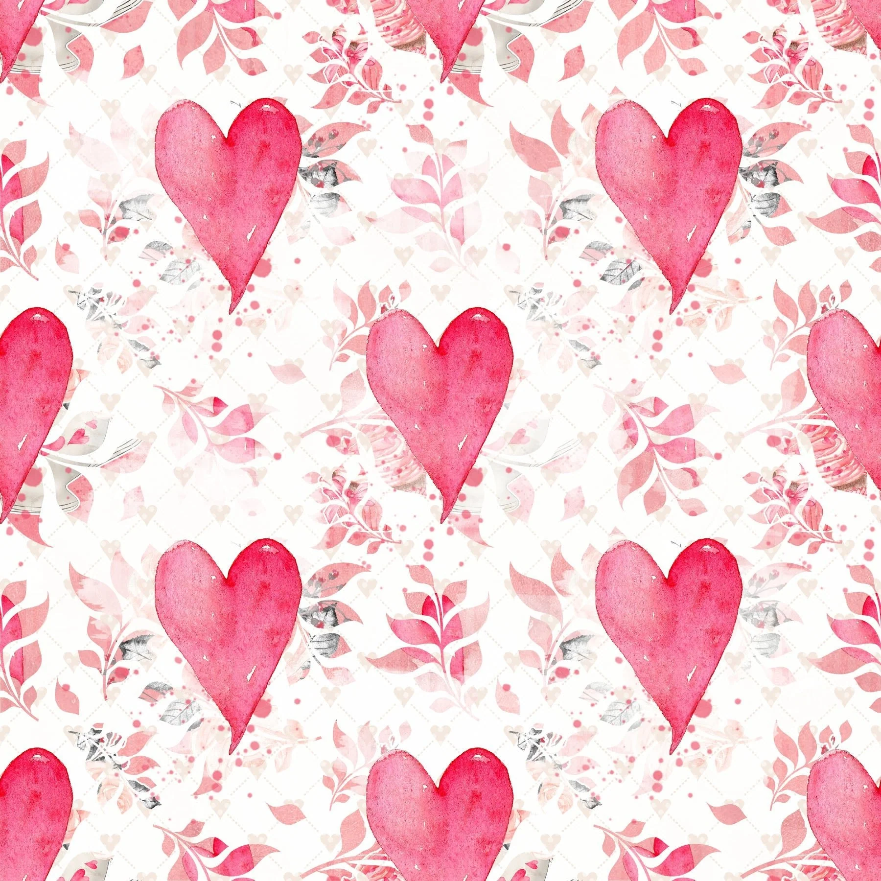 Sweet Valentine Hearts on Leaves Fabric - White