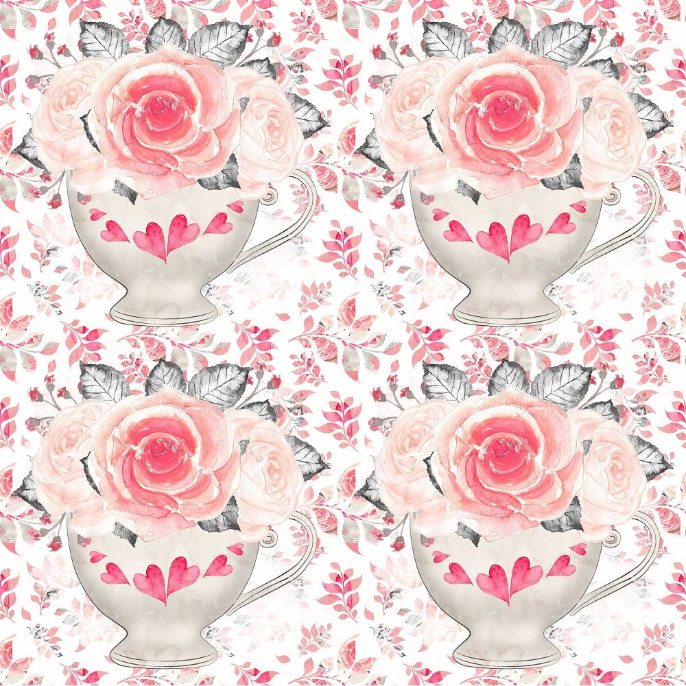 Sweet Valentine Rose Bouquet on Leaves Fabric - White