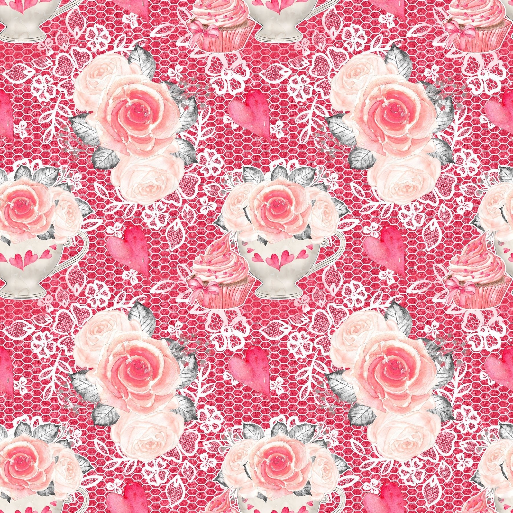 Sweet Valentine Roses on Lace Fabric - Red