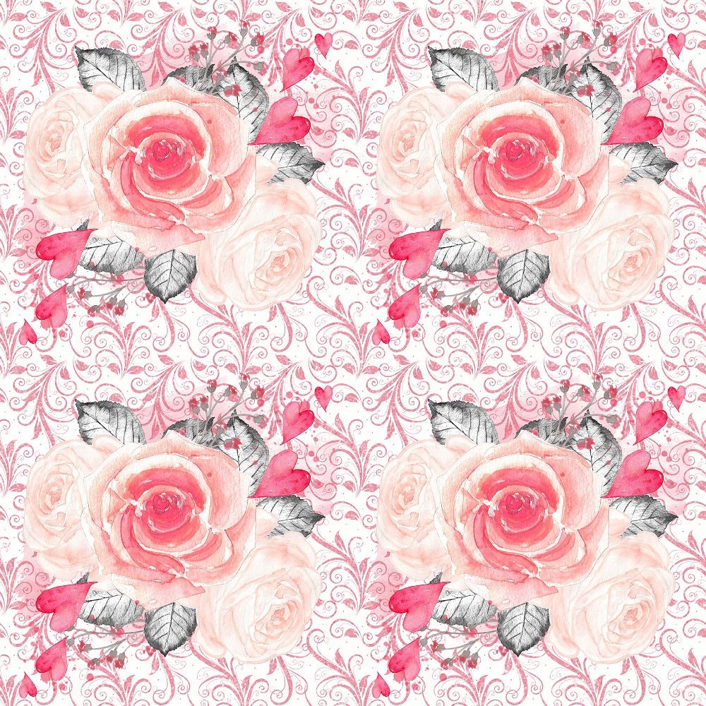 Sweet Valentine Roses with Hearts on Leaves Fabric - White