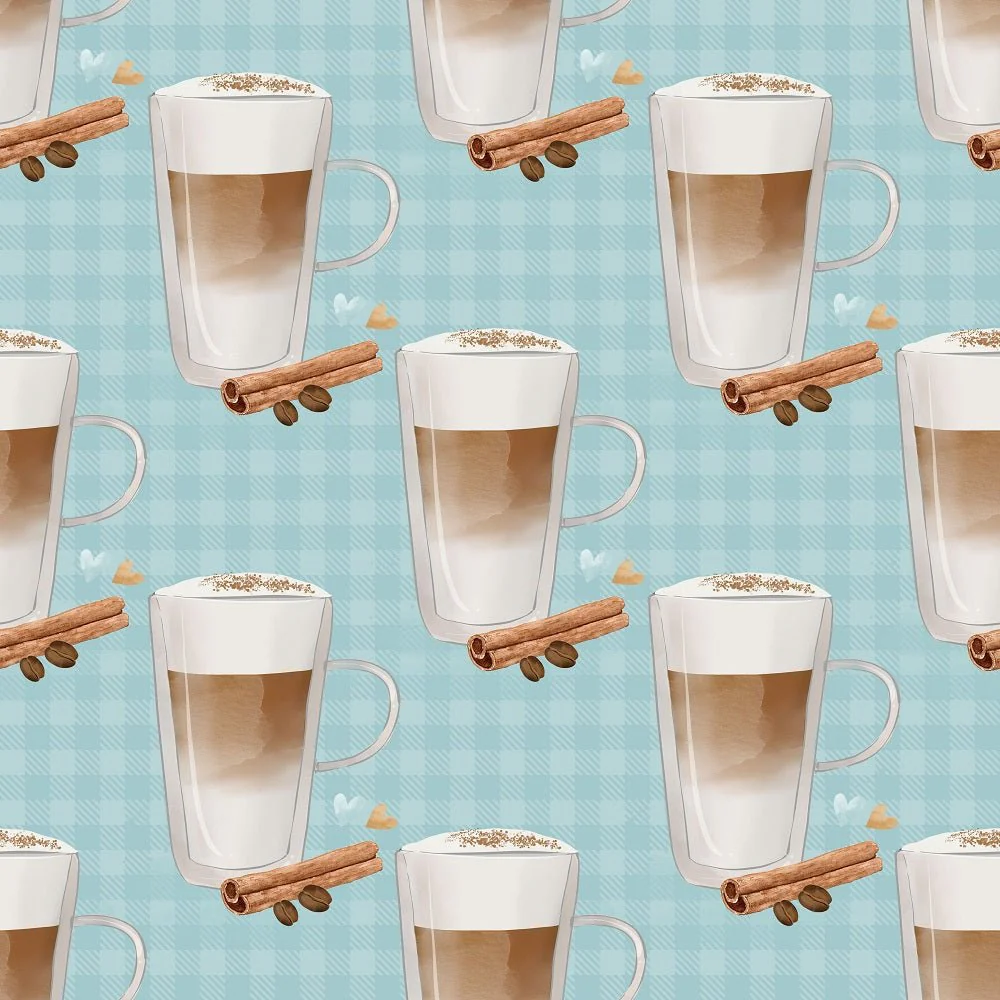 Tall Coffee Cups on Plaid Fabric - Blue