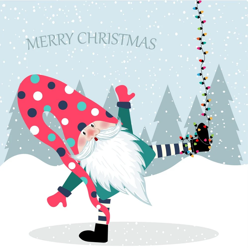 Tangled In Christmas Lights Gnome Fabric Panel - Blue