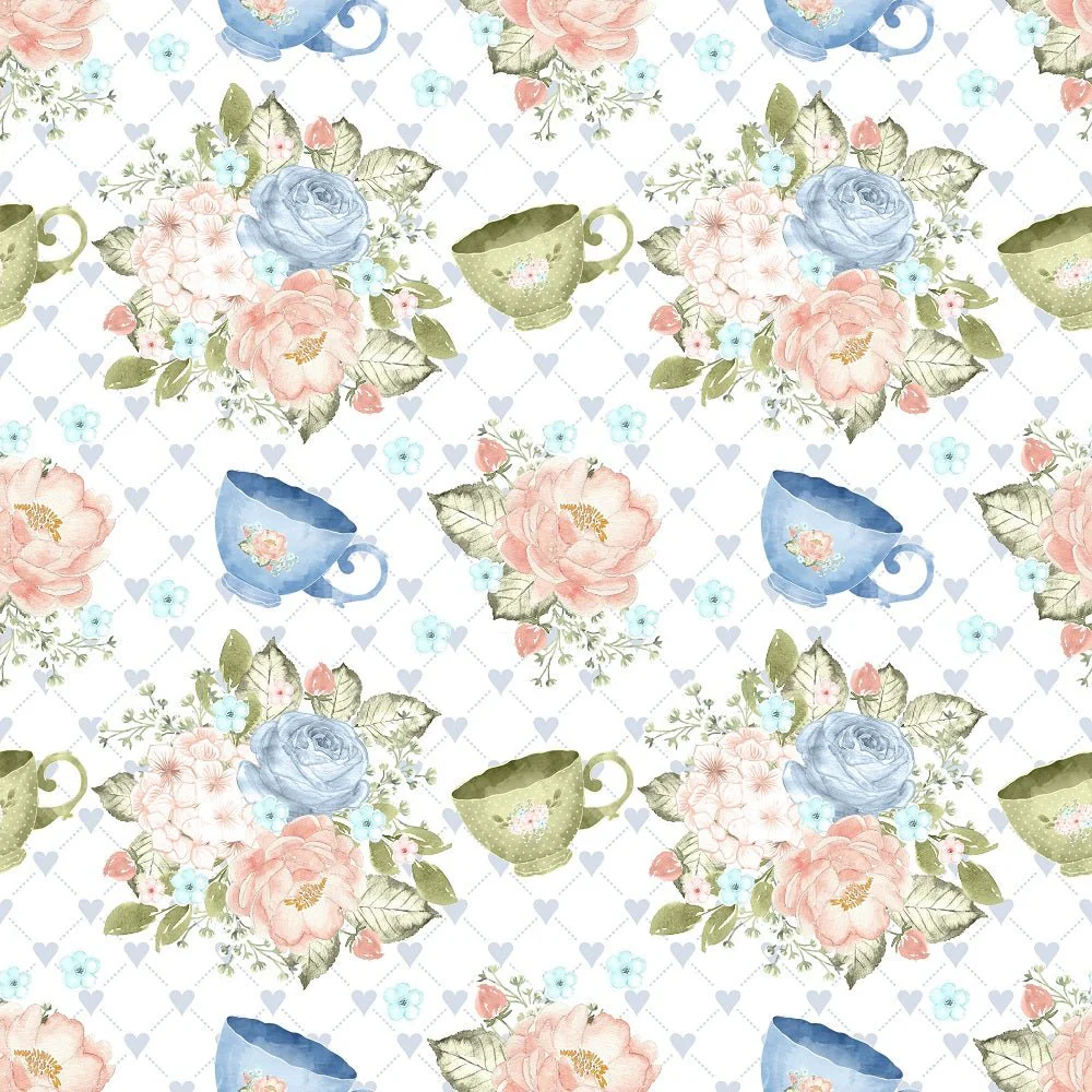 Tea Time Cups and Bouquets Fabric - White