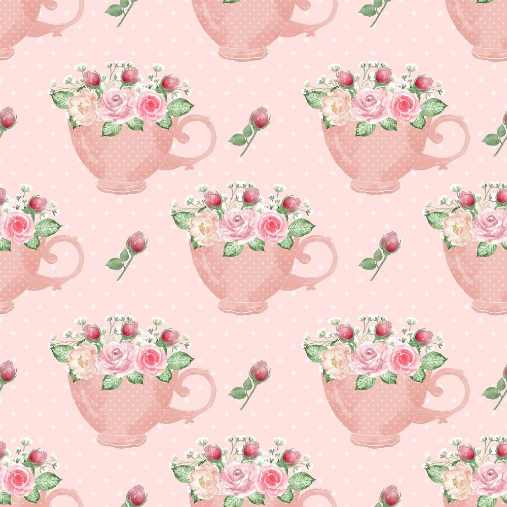 Tea Time Floral Cups Fabric - Pink