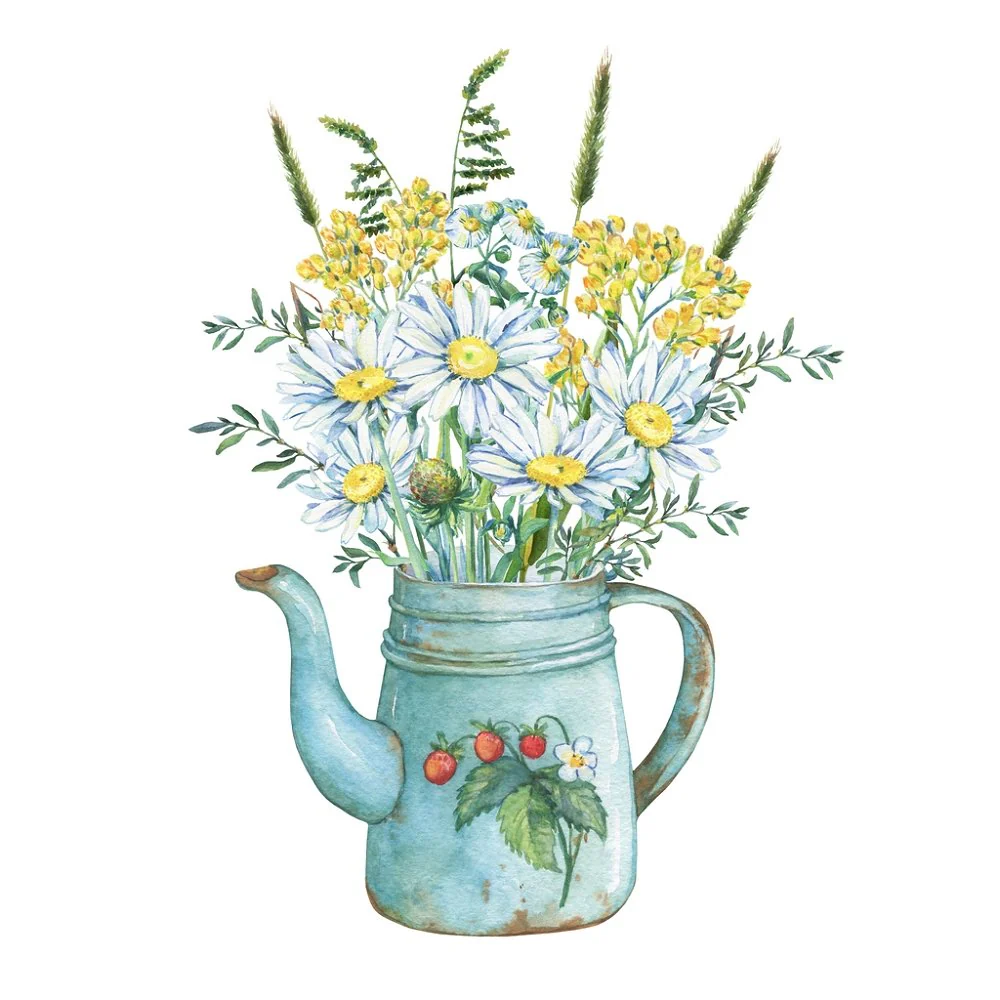 Teapot Floral Bouquet Fabric Panel - Multi