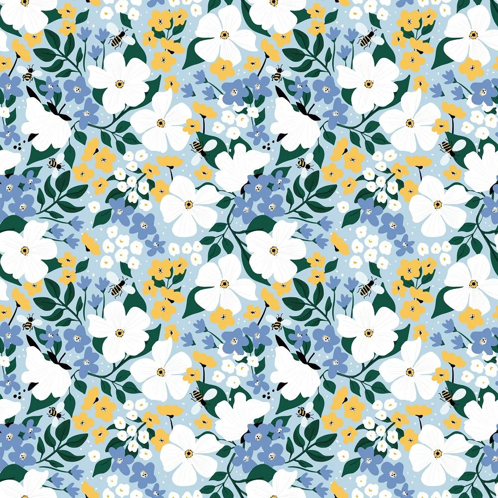 The Bees Knees Floral Fabric - Blue