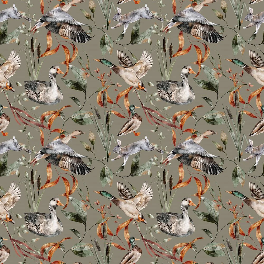 The Cottage Birds and Cattail Fabric - Green