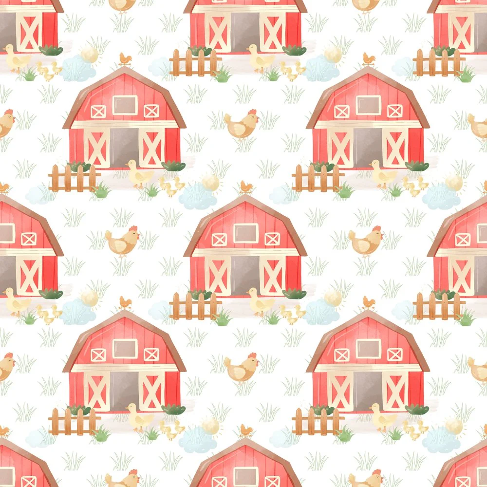 The Cutest Little Farm Barn Fabric - White