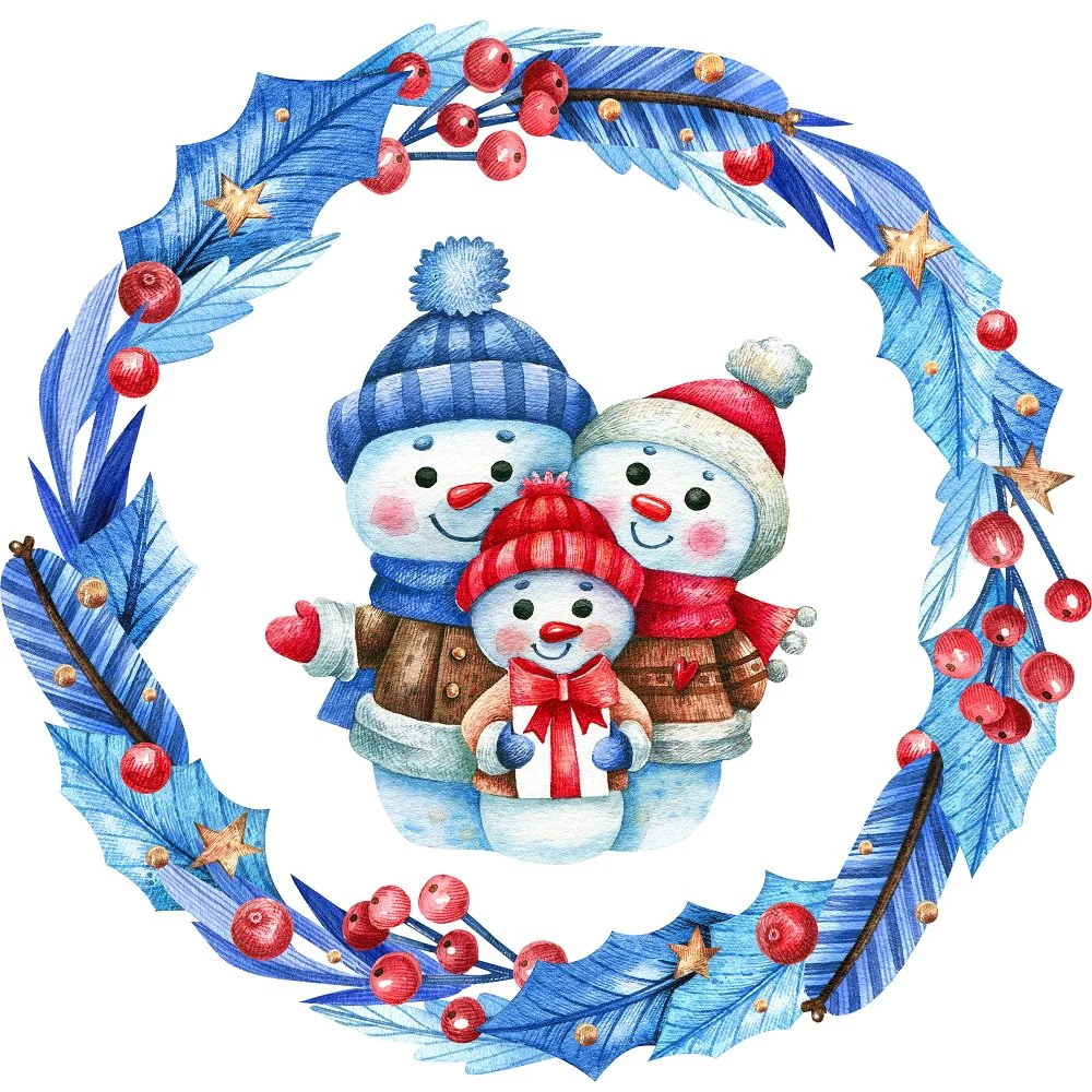 Three Snowmen in a Wreath Fabric Panel - Blue