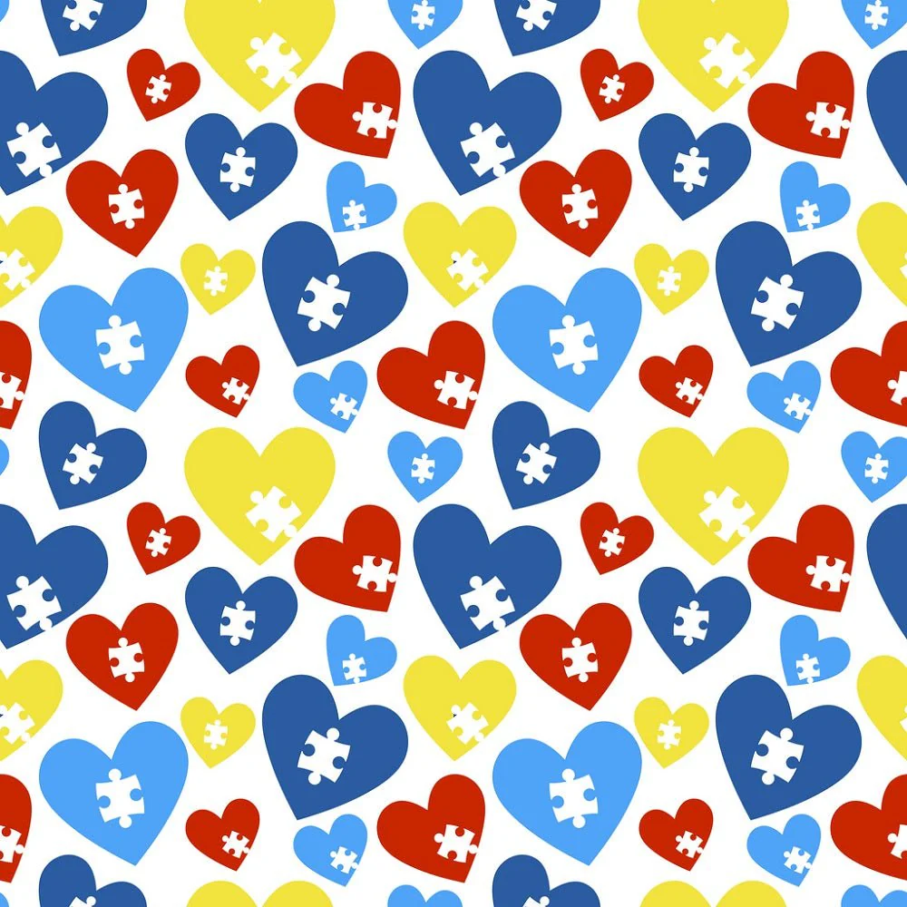 Tossed Autism Awareness Hearts & Puzzle Pieces Fabric
