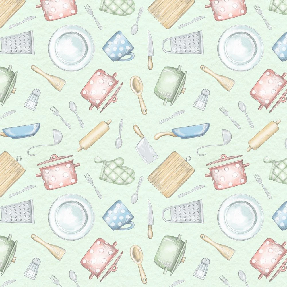 Tossed Cooking Utensils In The Kitchen Fabric - Green
