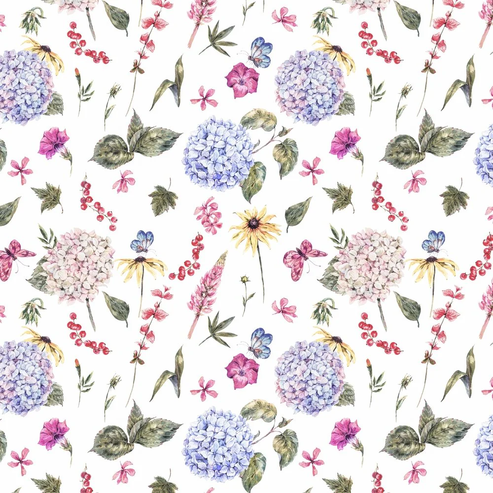 Tossed Hydrangea & Wildflower Fabric - Multi