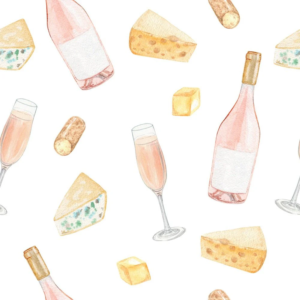 Tossed Rose Wine & Cheese Fabric - White