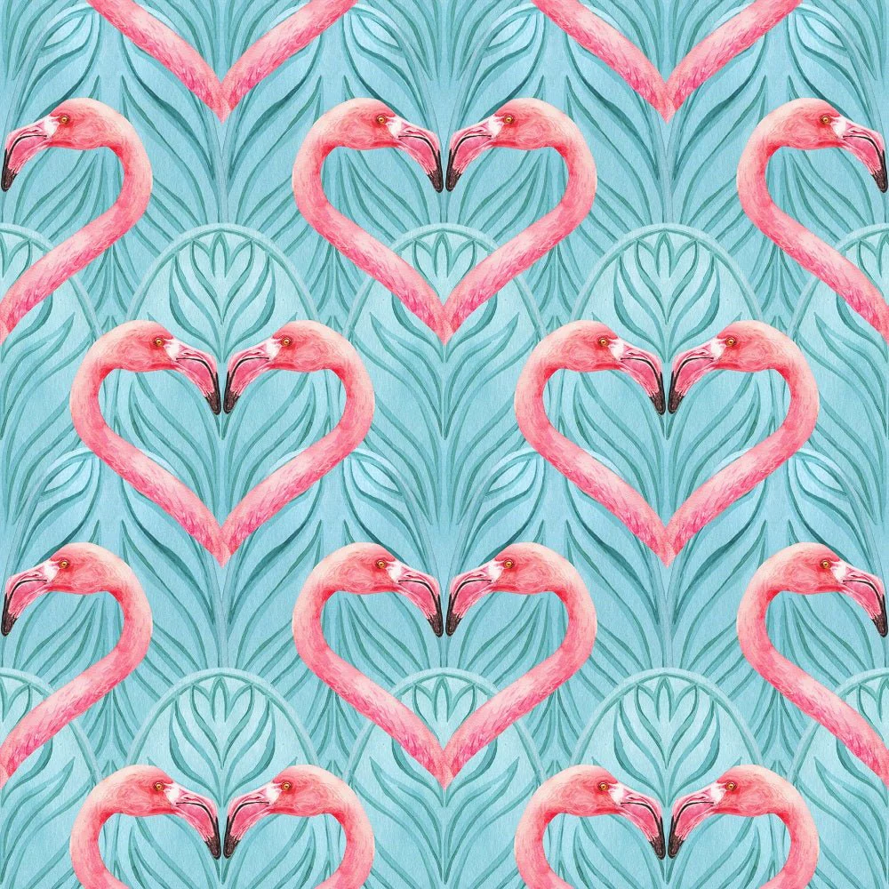 Tropical Love Flamingos and Leaves Fabric - Blue