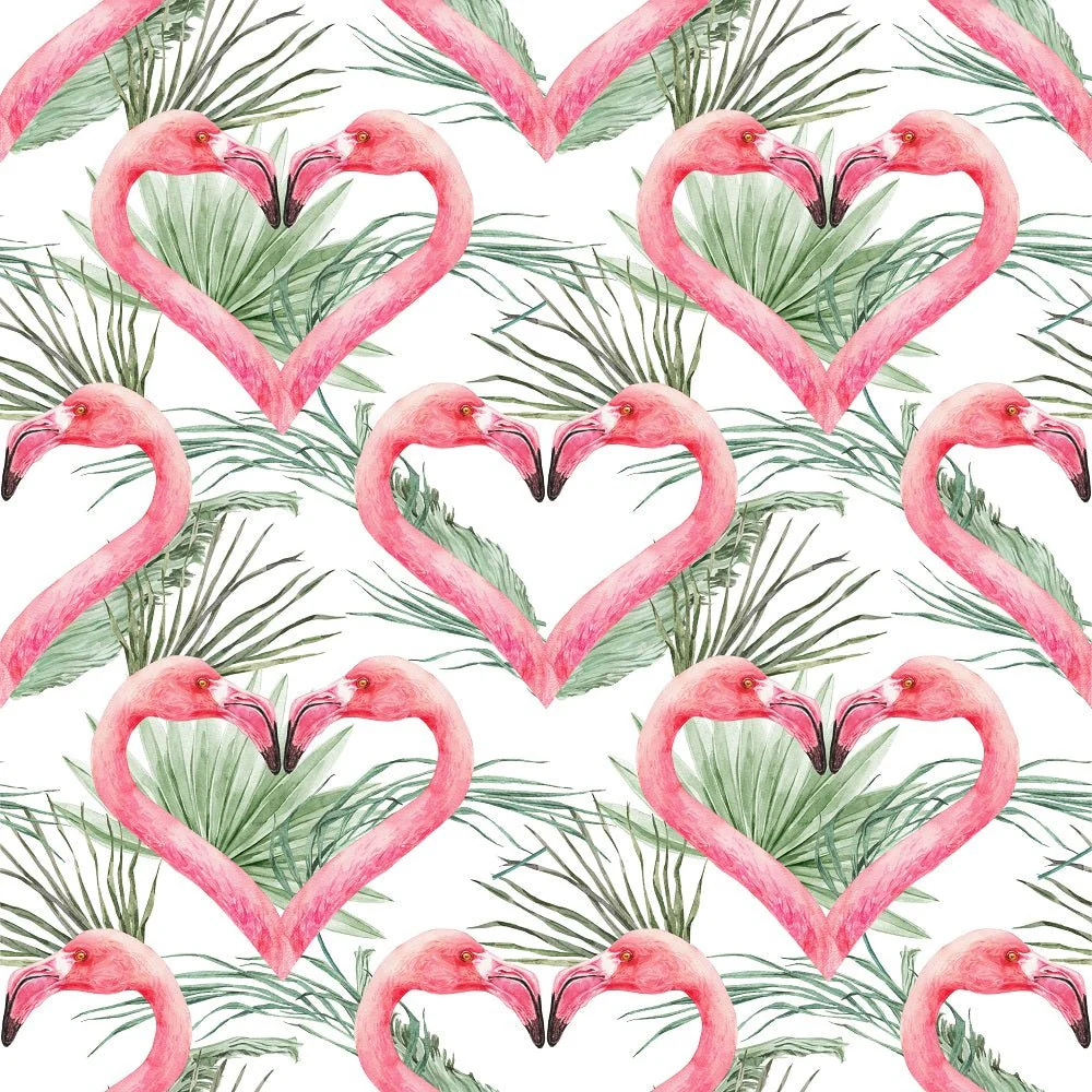 Tropical Love Flamingos and Plants Fabric - White