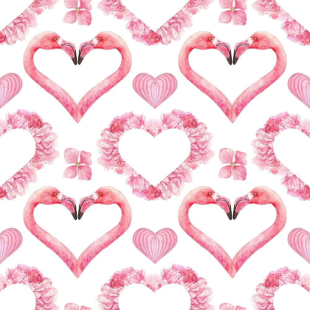 Tropical Love Heart Flamingos Floral Fabric - White