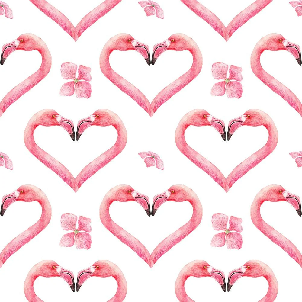 Tropical Love Heart Flamingos Flower Petal Fabric - White