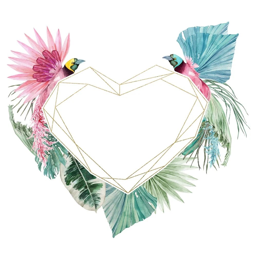 Tropical Love Heart Parrots with Leaves Fabric Panel