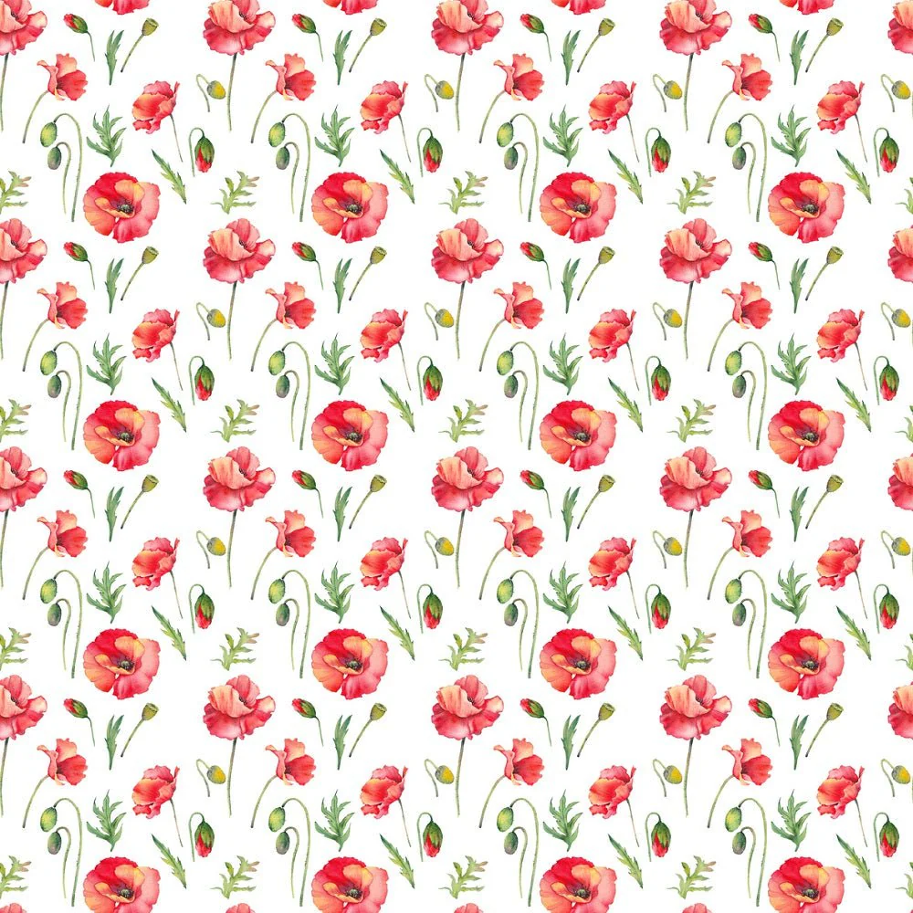 Tropical Red Poppy Flowers and Buds Fabric