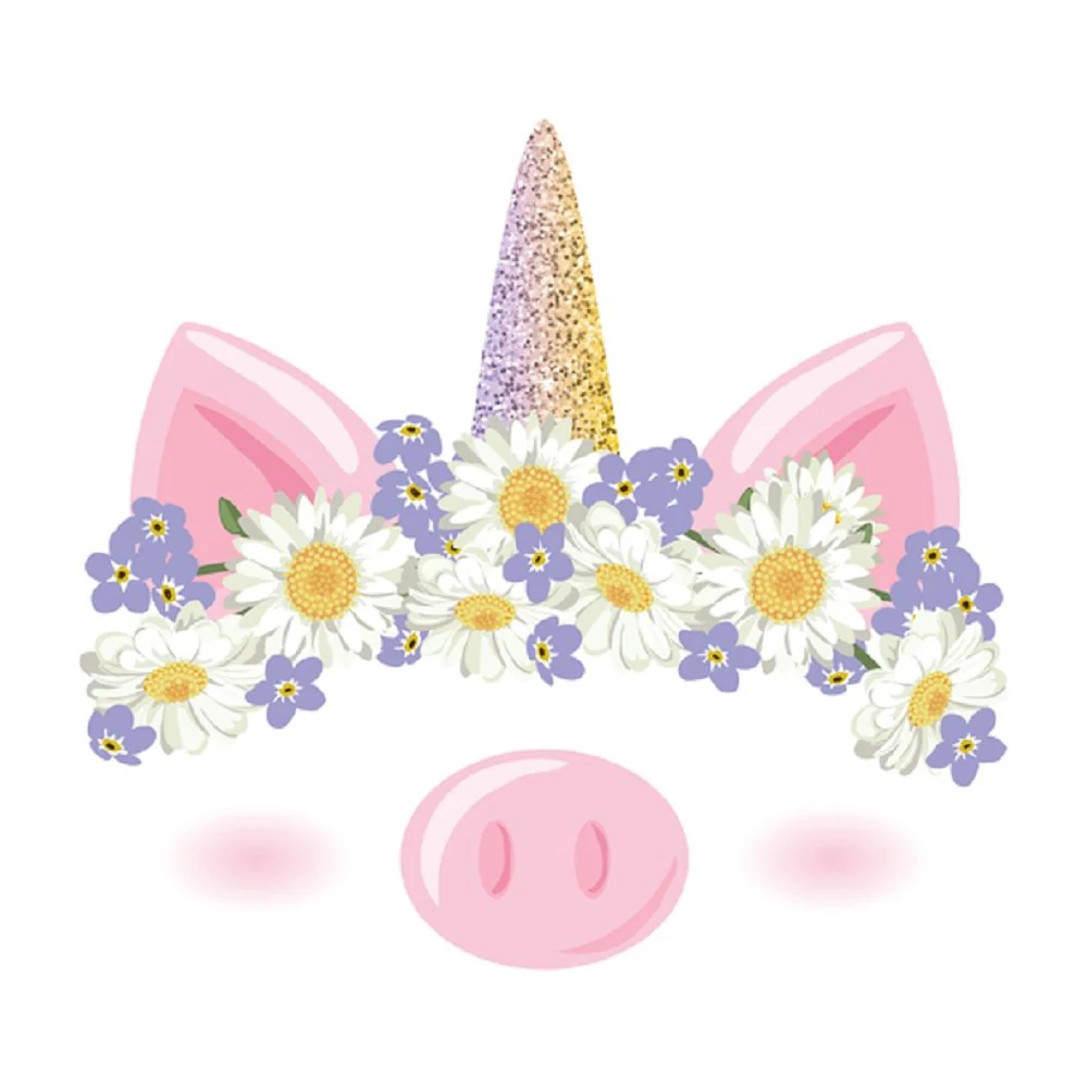 Unicorn Pig Floral Crown Fabric Panel - White
