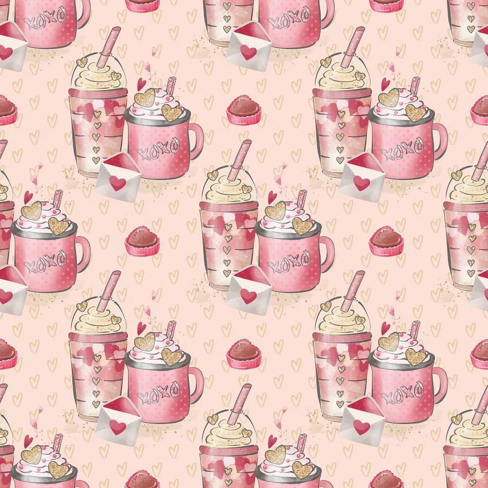 Valentines Coffee on Hearts Fabric - Tan