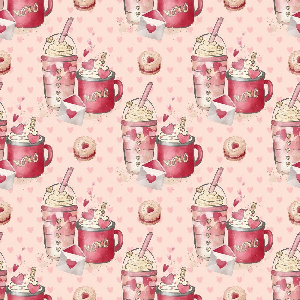 Valentines Coffee on Pink Hearts Fabric - Tan