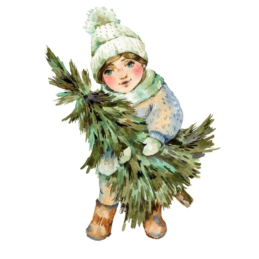 Village Girl & Christmas Tree Fabric Panel