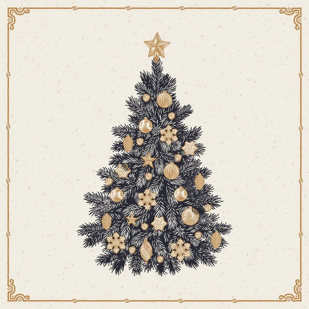 Vintage Christmas Tree Fabric Panel - Gold