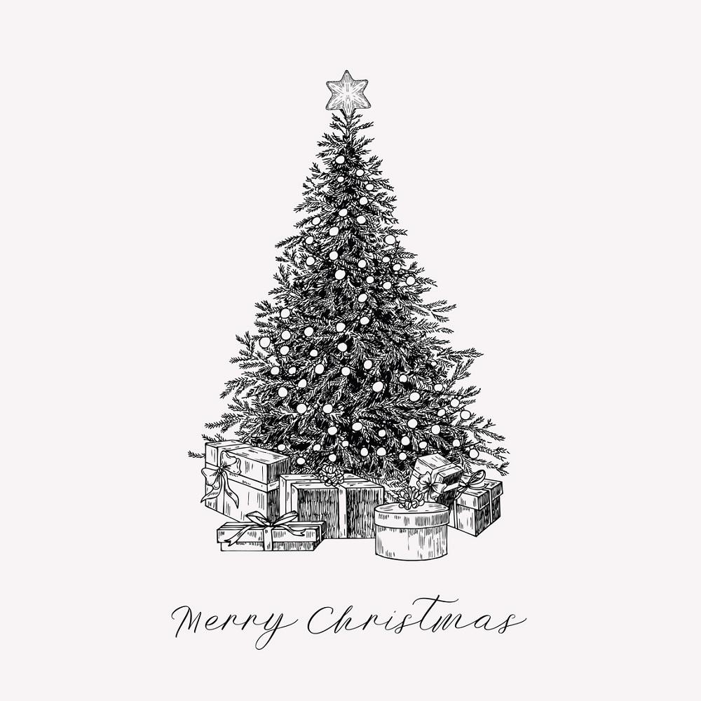 Vintage Christmas Tree & Gifts Fabric Panel - White