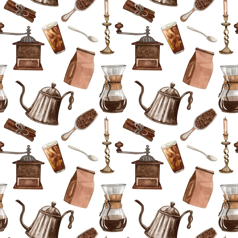Vintage Coffee Elements Fabric - White
