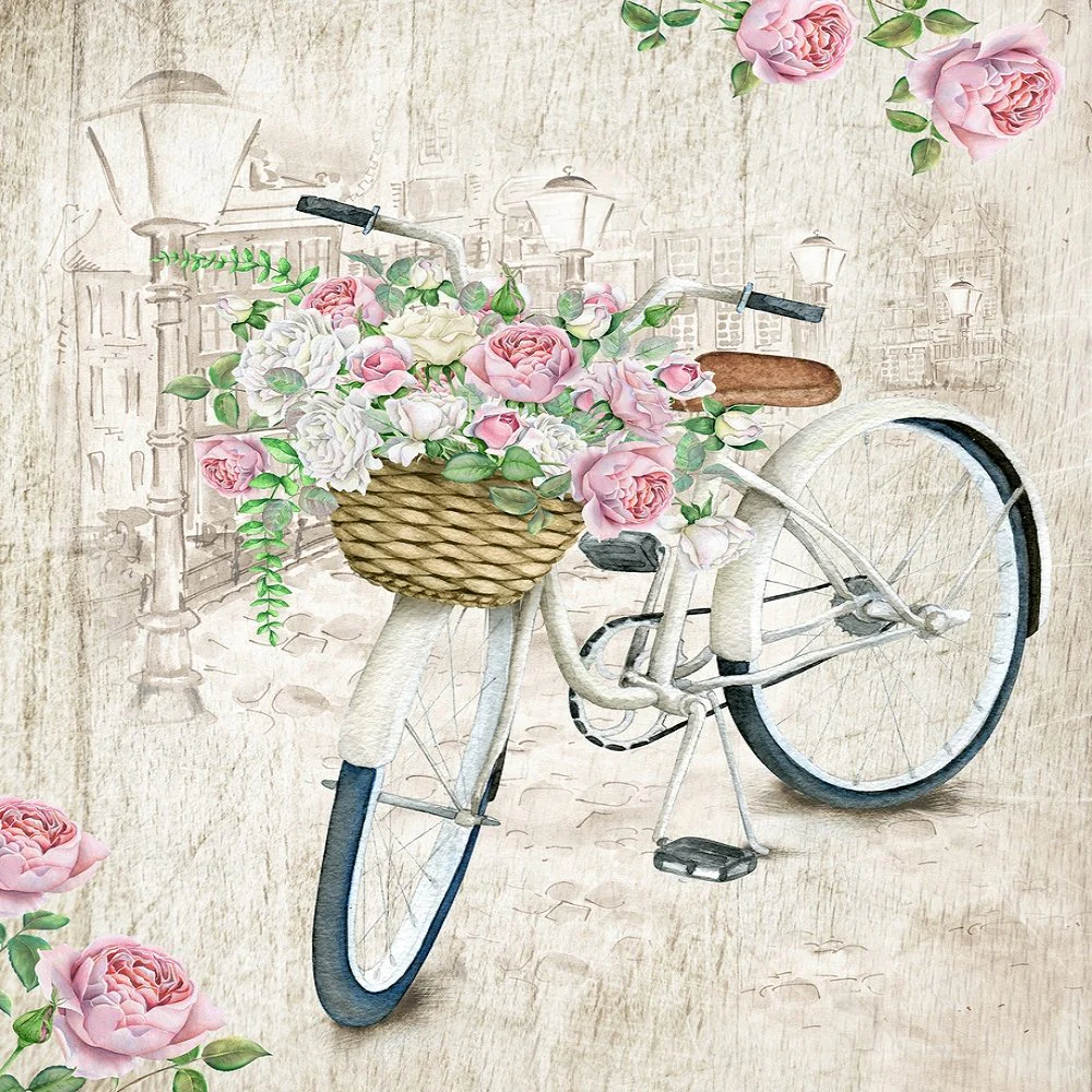 Vintage Floral Bicycle Fabric Panel - Tan