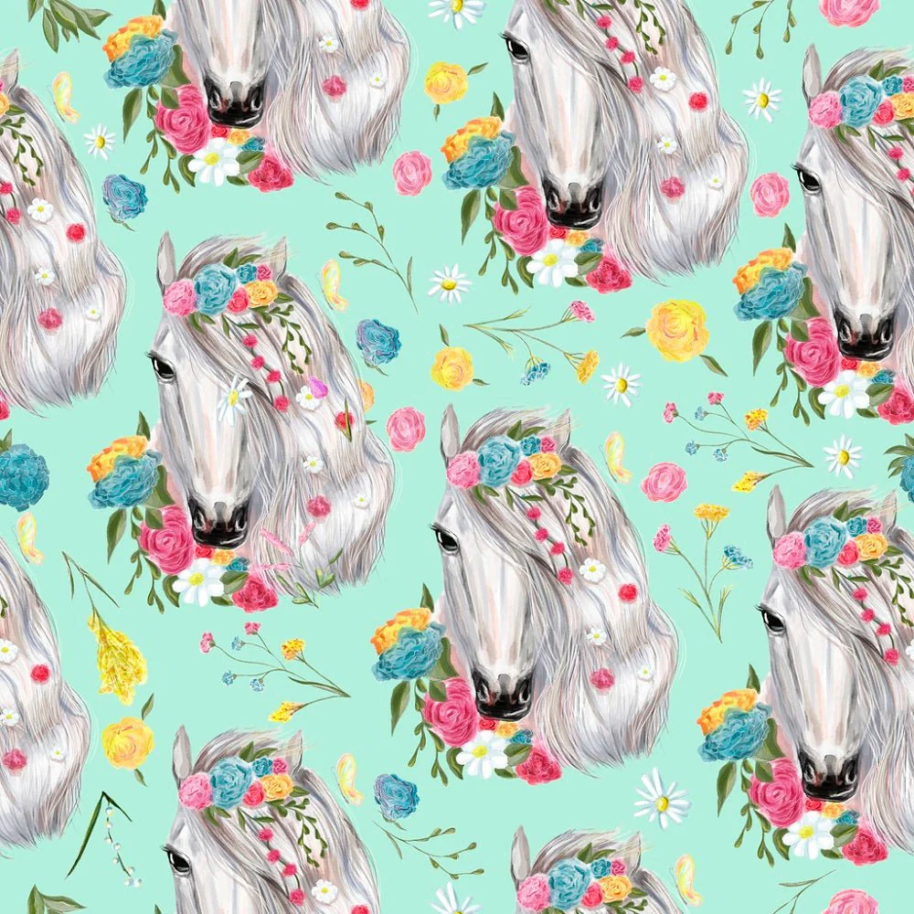 Vintage Floral Horses Pattern #2 Fabric - Green