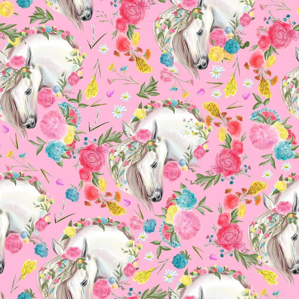Vintage Floral Horses Pattern #3 Fabric - Pink