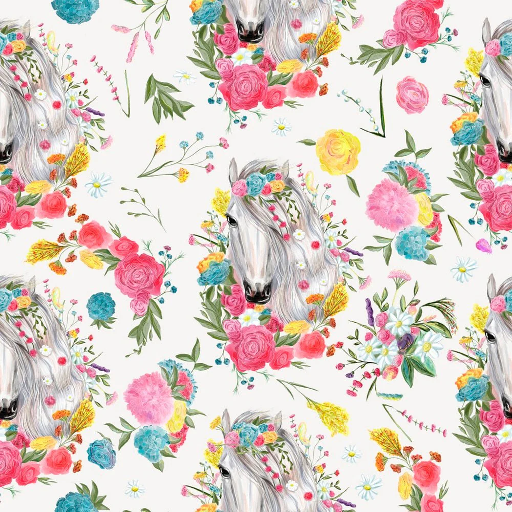 Vintage Floral Horses Pattern #7 Fabric - White