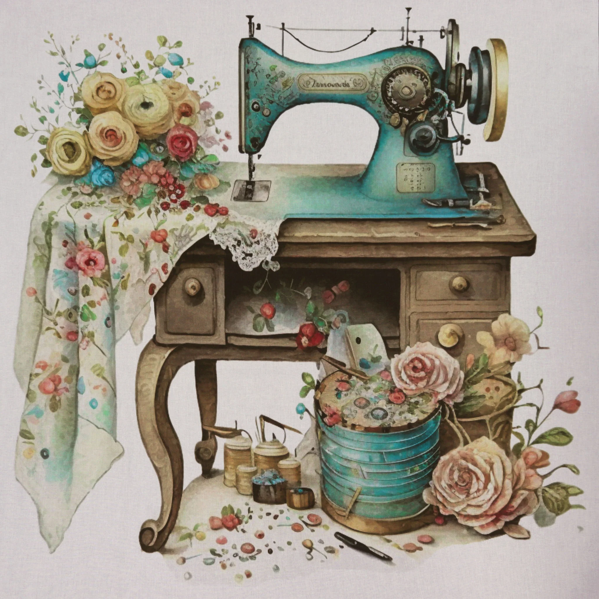 Vintage & Floral Sewing Machine #6 Fabric Panel