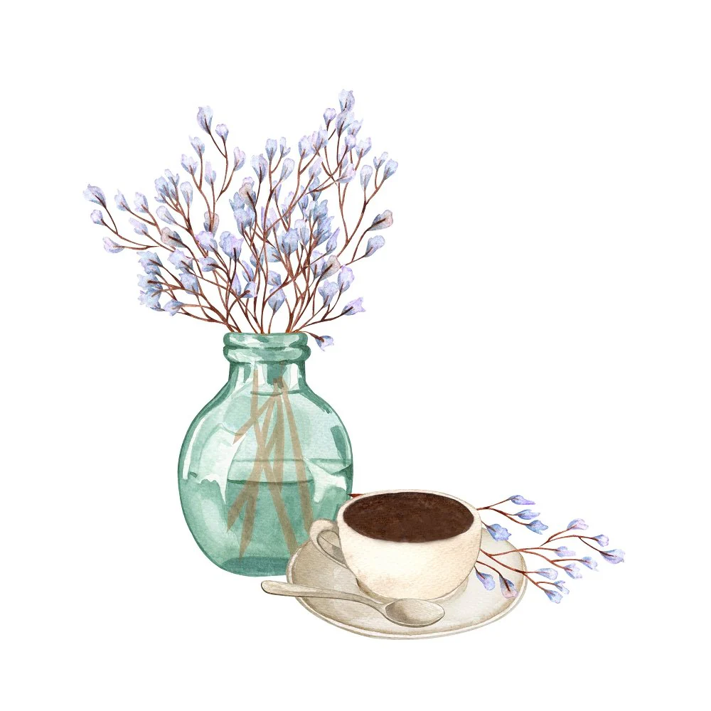 Vintage Floral Vase and Coffee Fabric Panel